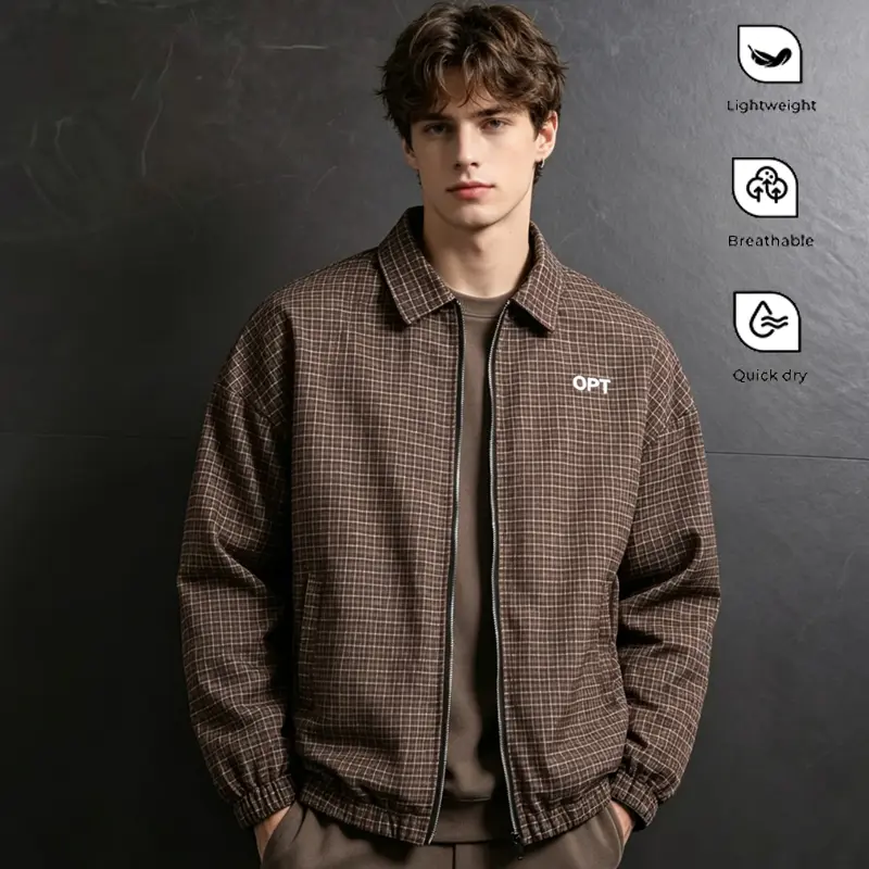 Men's Vintage Plaid Harrington Jacket, Oversized Loose Fit Brown Checkered Zip Up Collared Coat with Embroidered Logo & Side Pockets, Lightweight Casual Streetwear Outerwear for Daily Wear School Travel