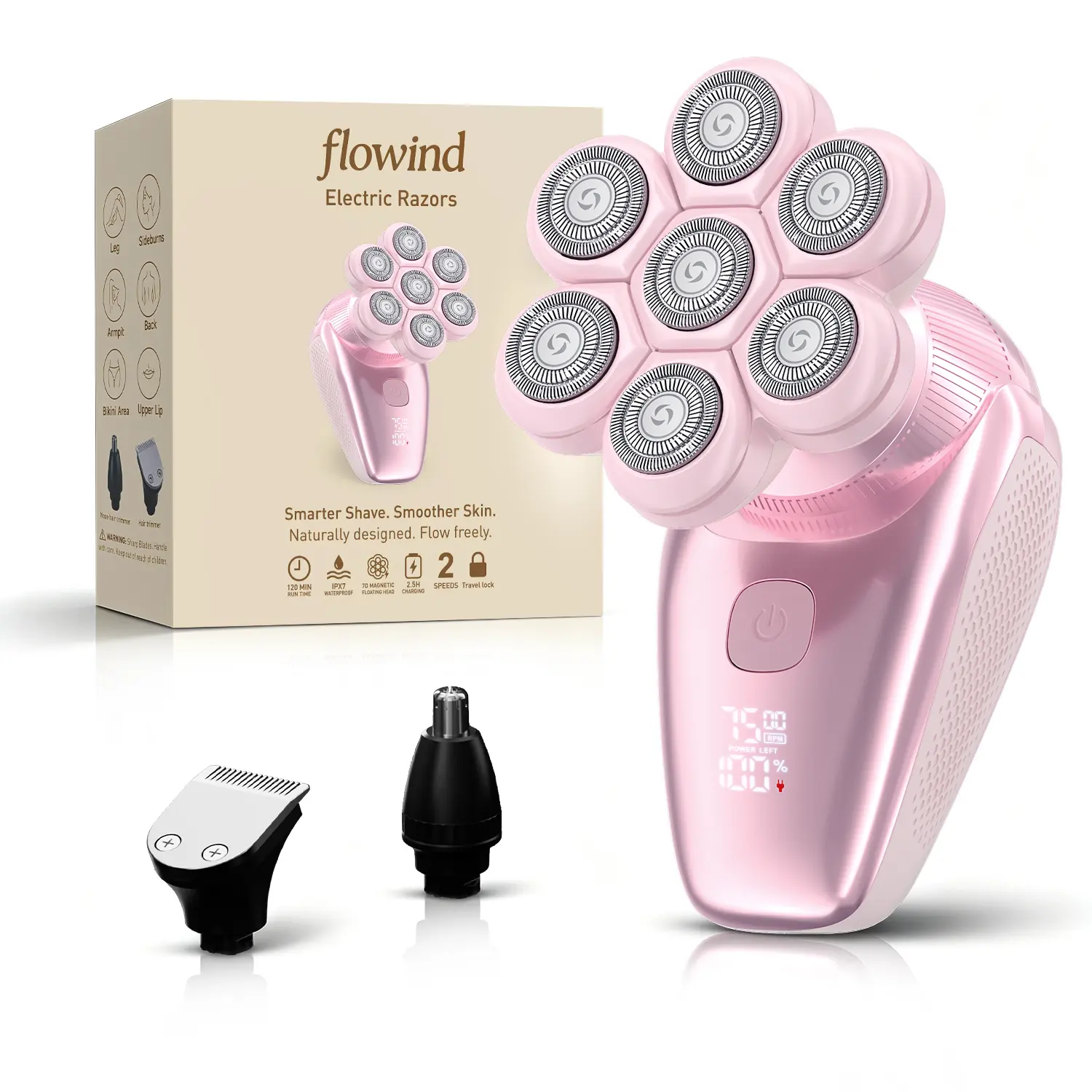 flowind 3-in-1 Shaver for Women, Painless Precision Grooming Appliance, IPX7 Waterproof with 4 Attachments & 120-Min Batteries, Type-C, Ideal Womens Gifts, Waterproof Shaver Grooming, Painless Precision Shaver
