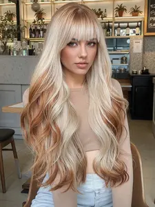 Women's Long Curly Wig with Bangs, Fluffy Wave Wig, Gradient Synthetic Hairpiece, Comfortable Natural Look for All Ages, Fluffy Wigs