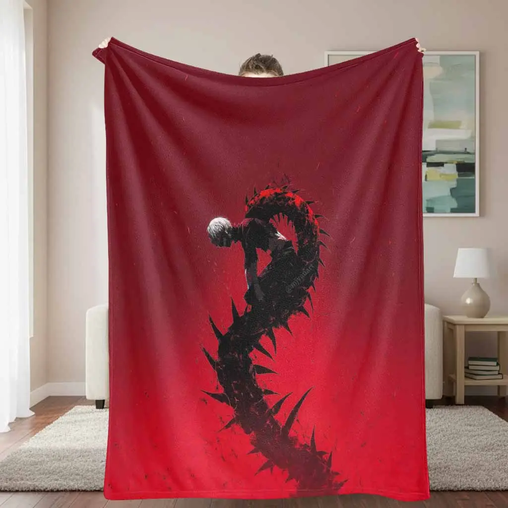 Anime Theme Flannel Fabric Blanket, Dark Fantasy Character Red Spiky Silhouette Pattern, Ultra Soft Lightweight Weave, Multi-Size, Warm Breathable Throw for Living Room Decor, Couch Bed Gift