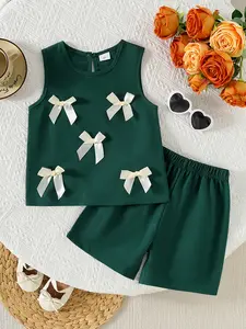 Cute Bow Detail Vest and Shorts Set Outfit for Girls, Special Gift Set, Perfect for Photoshoots and Playdates, Casual Summer for Ages 2-7