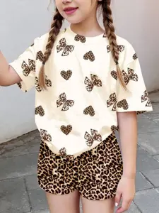 Summer Teen Girls Casual Bowknot Detailing Short Sleeve T-Shirt & Leopard Shorts Set, Loose-Fitting Two-Piece, Perfect for Summer Wear, Leopard Print Set, Summer Clothes Set