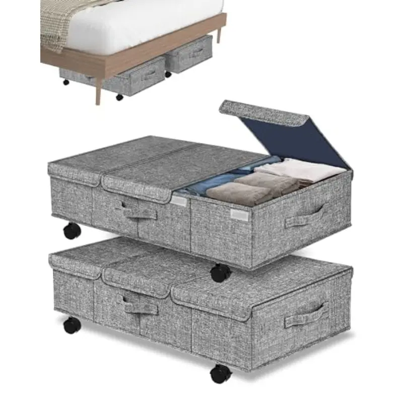 Deep Under Bed Storage Container with Wheels 2 Pack 10 High 31 Long Large Underbed Box Storage Bins with Lids and Hard Bottom for Bedroom Dorms Clothes Bed sheets blankets Dark Gray