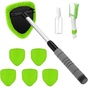 8PCS Car Window Cleaner Kit Extendable Handle Windshield Cleaning Tool with 6 Reusable Microfiber Pads with Air Vent Brush & Empty Spray Bottle