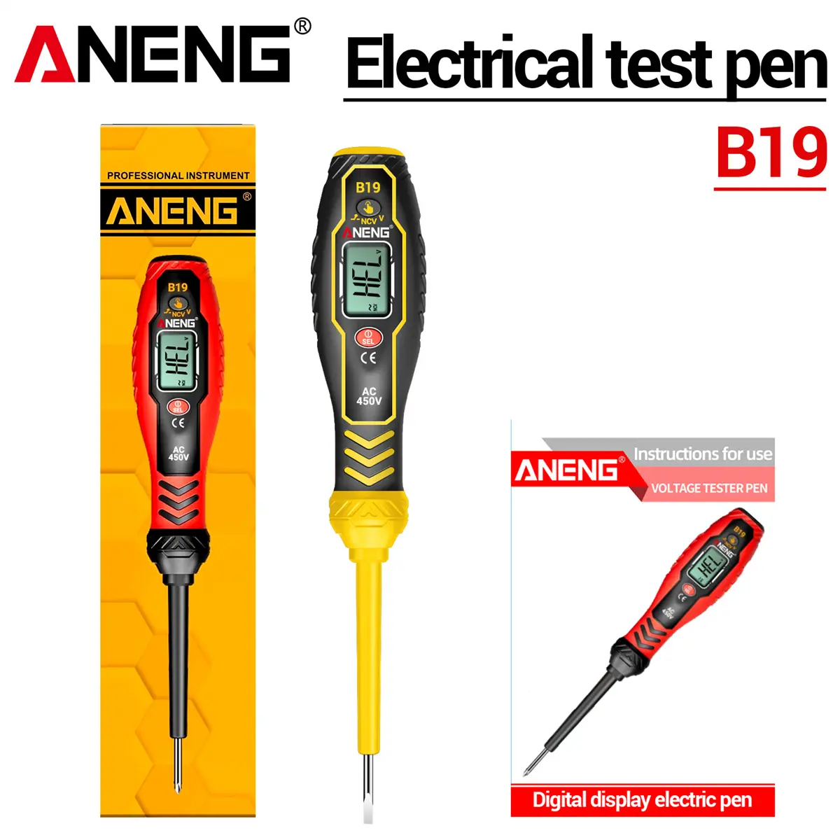ANENG B19 2-in-1 Non-Contact NCV Detector & Swivel Flathead Screwdriver, AC 11V-450V/30V-1000V Voltage Tester with LCD Display, Buzzer Alarm, Open Circuit Detection, Enhanced Safety Design, Magnetic Bits, Insulated Body for Electricians