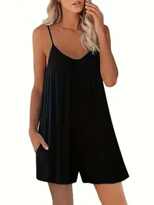 Summer Casual Loose Jumpsuit for Women Sleeveless Spaghetti Strap Round Neck Suit with Pockets Perfect for Outdoor Beach Party Vacation