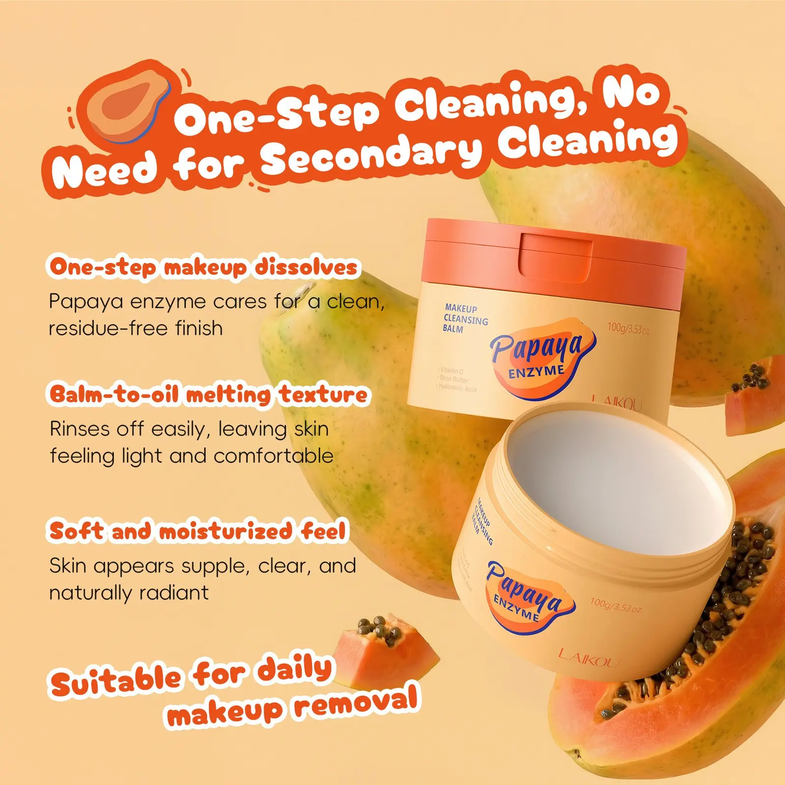 Papaya Enzyme Cleansing Balm 100g , Natural Papain Exfoliating Makeup Remover , Melts Waterproof Makeup & Unclogs Pores , Gentle Non-Stripping Deep Clean , Travel Size Portable Jar , Moisturizing Makeup Remover