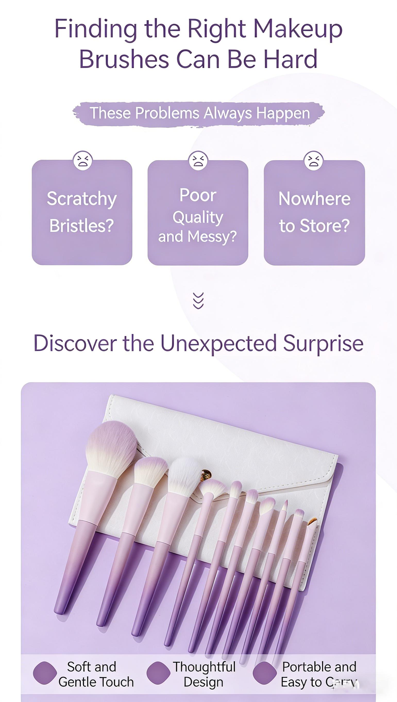 New Stella Purple 10Pcs Makeup Brush Set, Soft Nylon Bristles for Eyeliner & Nose Contour, Cute Lavender Beginner Brush Kit with Bag