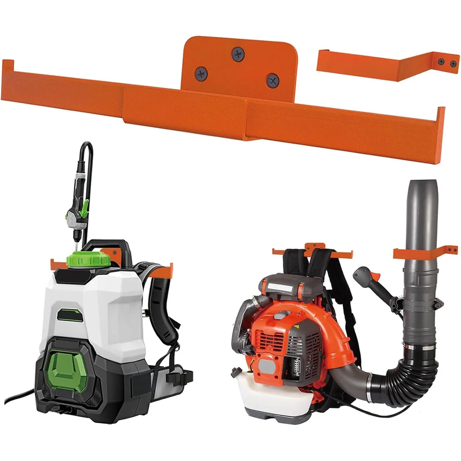 Heavy Duty Wall Mounted 2-Pack Stihl Orange 2-in-1 Backpack Blower Rack with Hose Holder, Rust-Proof Universal Fit for Backpack Sprayer, Chainsaw - Garage Organization Storage