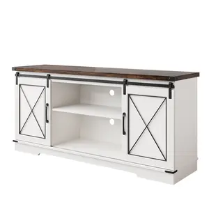 Farmhouse TV Stand For 55 60 65 Inch TV Sliding Barn Door Media Console Wood Entertainment Center Storage Cabinet With Adjustable Shelves Wire Management Cupboard Sideboard Credenza Living Room Bedroom Grey White Brown