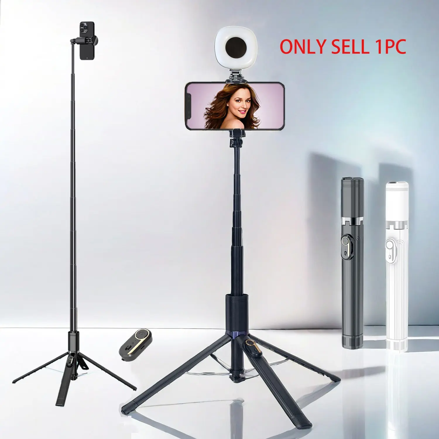68 Inch Selfie Stick Tripod with Pop-Up Stand, Adjustable Height, LED Ring Light, Wireless Remote for Phones, Smartphone Selfie Stick, Vlog Set Accessories, Tripod Stabilizer, Tech Accessories