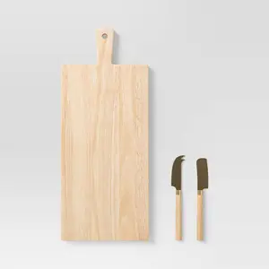 3pc 19.35"x8" Rubberwood Rectangle Serving Board with Brass Cheese Tools Brown - Threshold: Charcuterie Platter Set