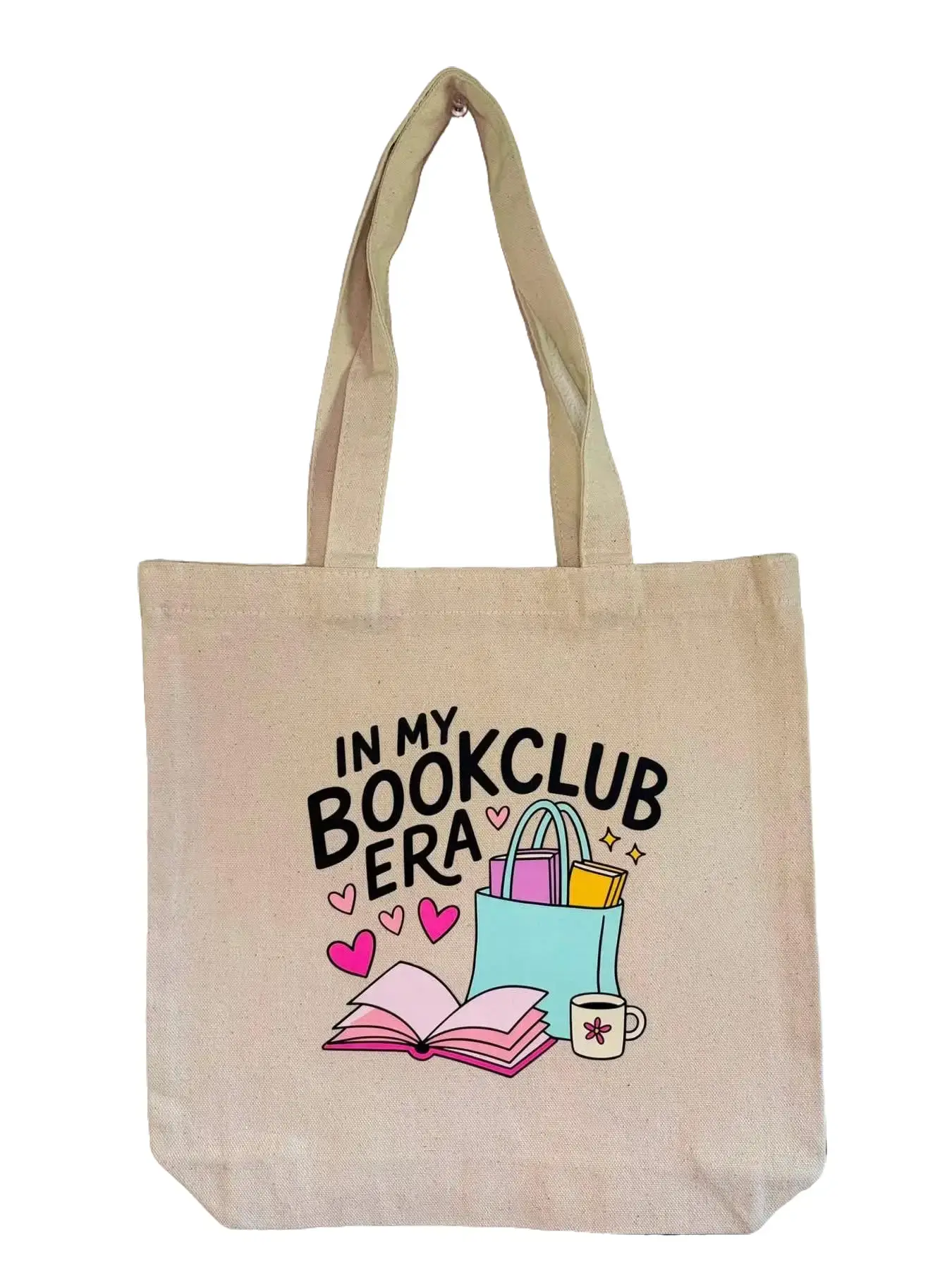 Natural Bookish Tote Bag with "In My Bookclub Era" Graphic Print, Casual Cotton Rectangle Shoulder Bag for Readers, Perfect for Everyday Use, Bold blackText Graphic Women's Tote Bags