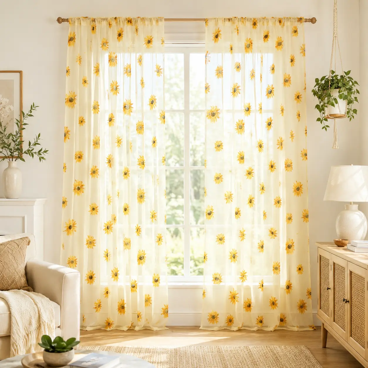 Set of 2 sheer floral voile curtains featuring sunflower and daisy patterns, perfect for decorating bedrooms, living rooms, kitchens, and farmhouse-style rooms—a must-have for rental homes, apartments, and dorm rooms.