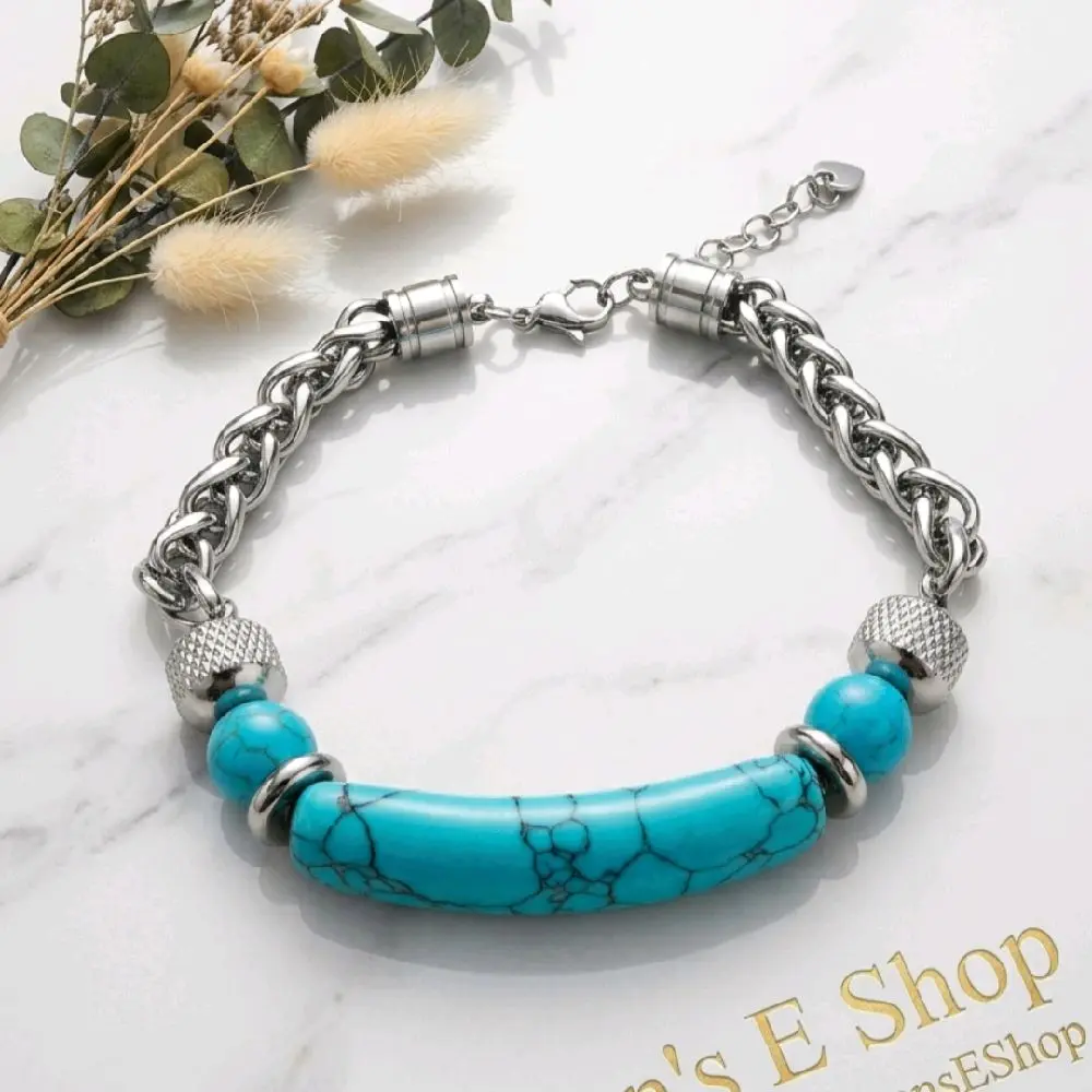 Rare Bracelet Hand Carved Synthetic Turquoise in Eternal Titanium Steel A Timeless Heirloom for Her