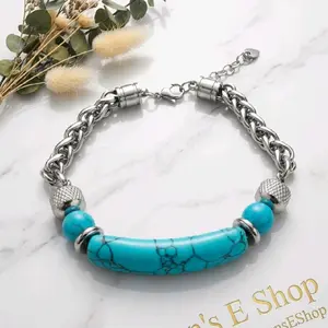 Rare Bracelet Hand Carved Synthetic Turquoise in Eternal Titanium Steel A Timeless Heirloom for Her