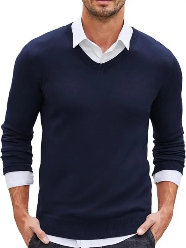 COOFANDY C Fall Outfits Knitted Ribbed V-neck Casual Jumper Knitwear Classic Fabric Fashion Menswear Shirt Soft Sweater Office Blazer Dress Slim Fit