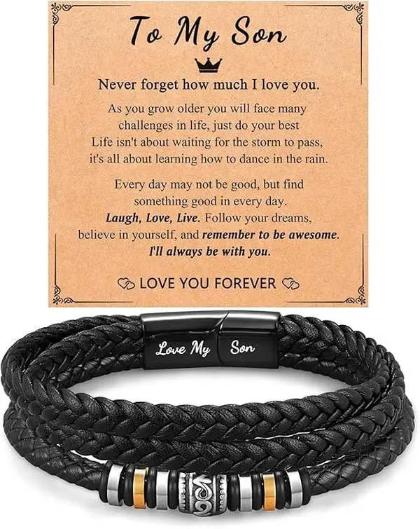 Gift To My Son Grandson Nephew Leather Bracelet Birthday Christmas Gifts for Teenage Teen Boys