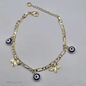 bracelet with blue eyes and butterflies gold-plated fashion style figaro