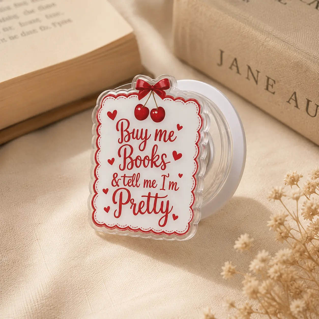 Buy Me Books Magnetic Phone Grip, Book Lover Phone Stand, Cherry Bow Acrylic Phone Holder, Cute Reader Gift