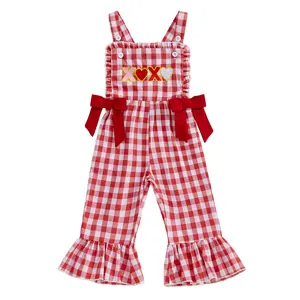 Toddler Baby Girls Valentiens Outfit Red Gingham Romper Overalls Heart Embroidery Bows Ruffled Sleeveless Bell-Bottom Suspender Jumpsuit
