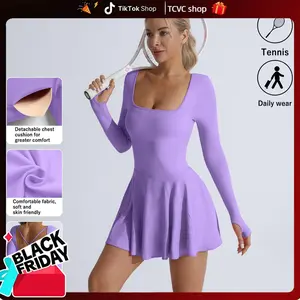 TCVC Women's Seamless Knit Sports Dress, Solid Cross Back, Long Sleeve Square Neck Tennis Dress, Indoor Outdoor Sports Yoga, Skin-Friendly Fabric, Tight-Fitting Shaping Flattering Figure