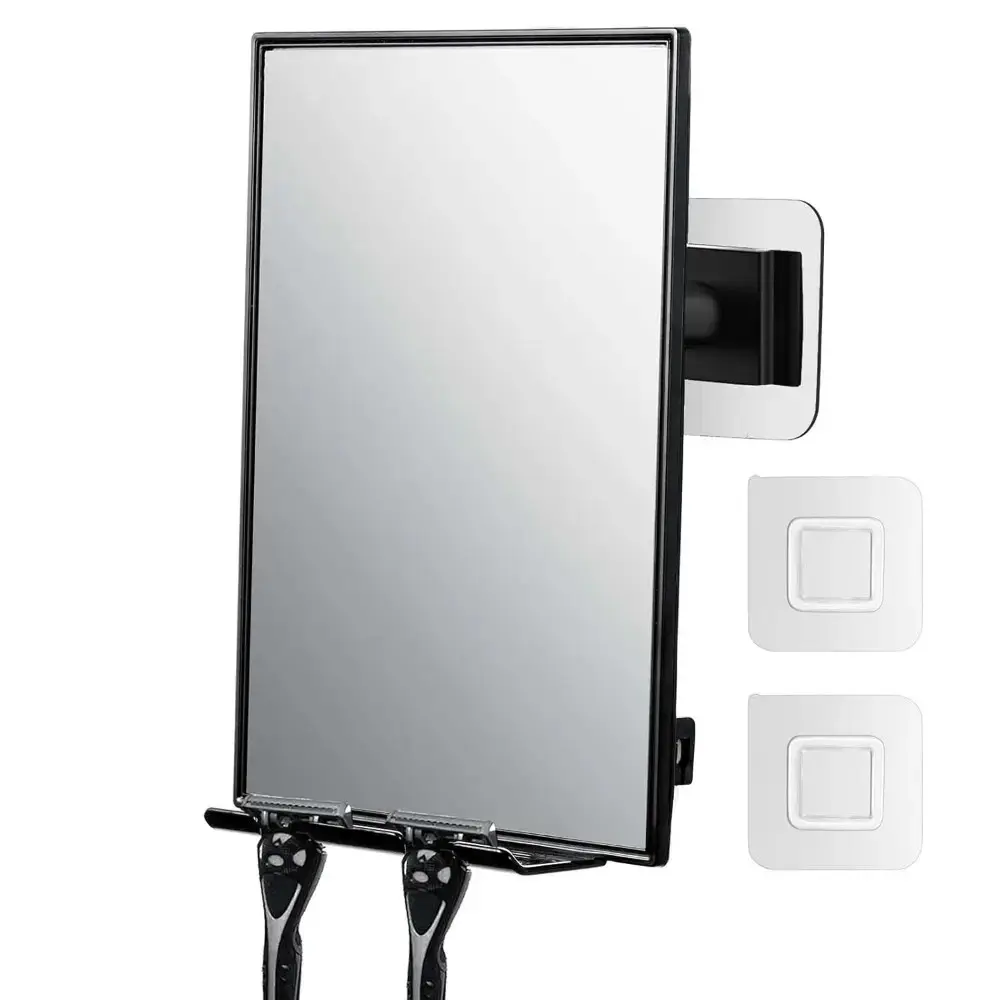 Non-Fogless Shower Shaving Mirror for Bathroom Fixtures, Stick-On Solution, 2 Replaceable Adhesives, 2 Razor Holders, 360° Rotatable Adjustment, Squeegee Bathroom Gadget