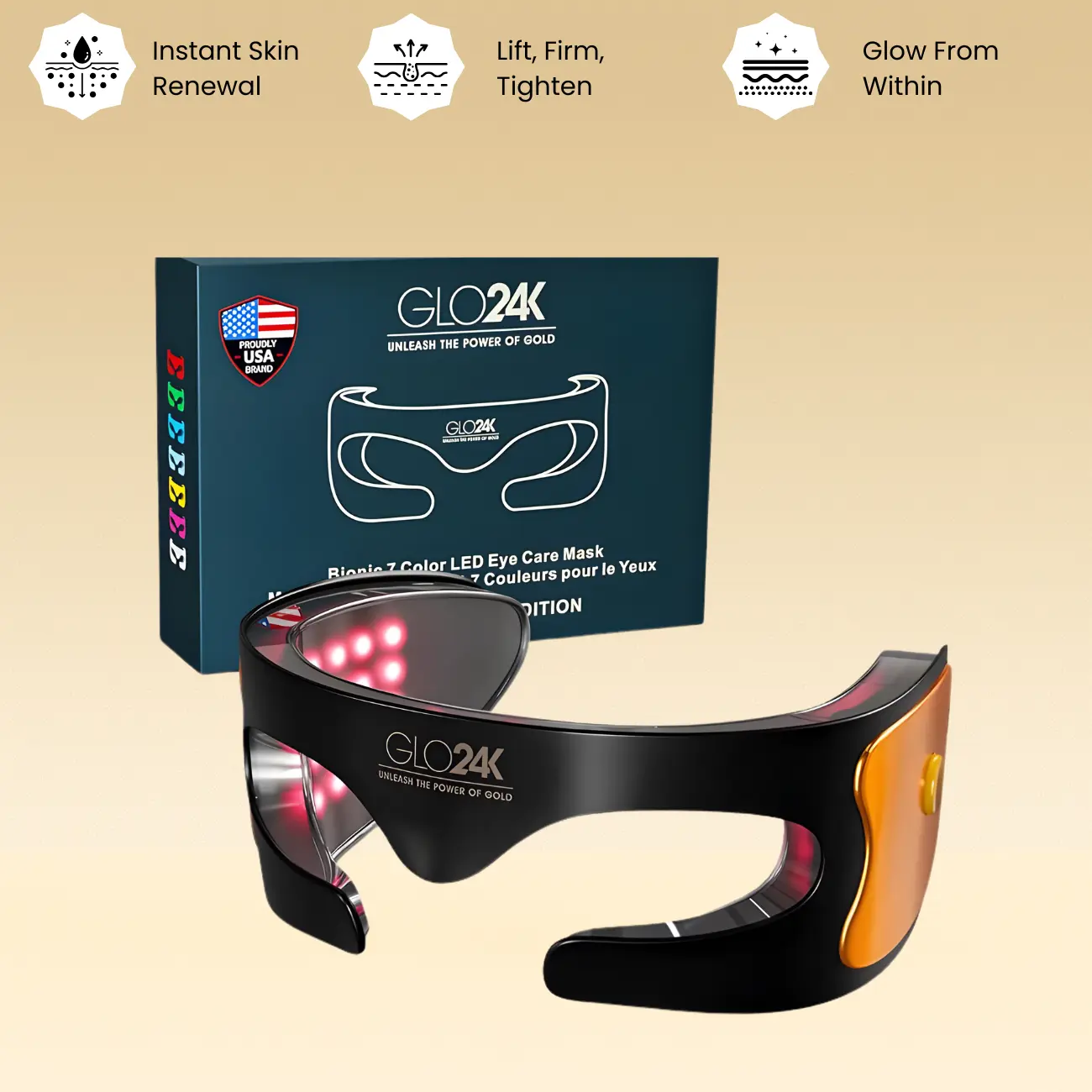 GLO24K Bionic 7 Color LED Eye Care Mask with 108 High-Quality Diodes for Instant Skin Renewal Lift Firm & Tighten Reduce Wrinkles & Puffiness