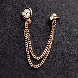 Elegant Golden-Tone Clock Brooch Pin with Chain - Alloy Lapel Badge for Men's Suits & Collars