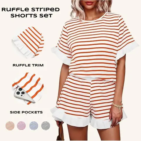 Imily Bela Womens 2 Piece Striped Shorts Set Ruffle Short Sleeve Tops Hight Waist Shorts Matching Sets Summer Vacation Outfits