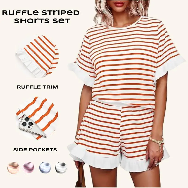 Imily Bela Womens 2 Piece Striped Shorts Set Ruffle Short Sleeve Tops Hight Waist Shorts Matching Sets Summer Vacation Outfits