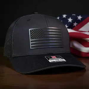 BLACK ON BLACK AMERICAN FLAG Patriotic Leather Patch Hat Valentines Day Gift Black