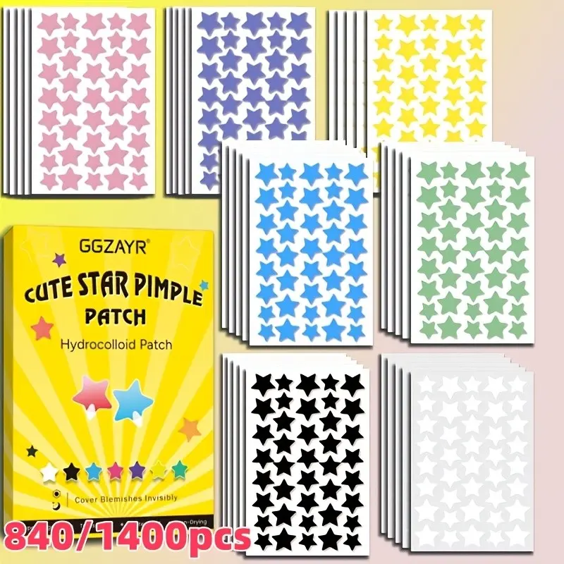 840/1400pcs Boxed Rainbow Star Pimple Patch Set — Seven-Color Fun Star Shapes in Mixed Sizes, Unisex Hydrocolloid Acne Skin Repair Concealer Stickers for All Skin Types, Flawless Easy-Apply Daily Blemish Spot Cover with Bright Decorative Designs