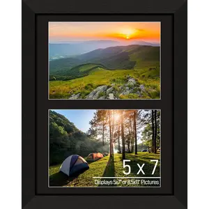 5x7 Double Picture Frame Collage 2 Openings Wooden, Multi Photo Collage Frame 8.5x11 Gallery Wall Decor, Black Frame with Black Mat,