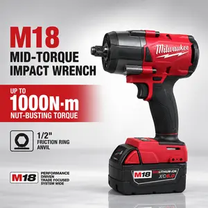 Milwaukee M18 1/2" Mid-Torque Impact Wrench FMTIWF12 features 1000Nm Max Torque with 3-Mode Control for Automotive Repair and Heavy Machinery Maintenance Bare Tool with XC6.0 Battery indoor use