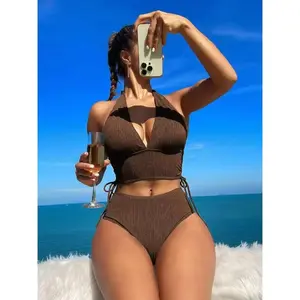 2026 Summer Beach Texture Halter Neck Bikini Set, Two-Piece Solid Color Swimwear Bathing Suit For Women,  High Waist Bikini Set,High Stretch Tummy Control Beach Vacation Swimwear