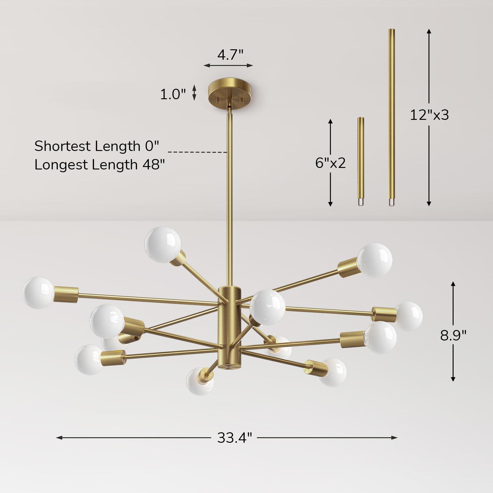 EDISHINE 12-Light Dimmable Sputnik Modern Linear Chandelier,Antique Brass-HHPL17A