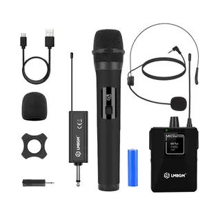 LMBGM W-2 Professional Wireless Microphone System USB Rechargeable Includes 1 Handhed Conference Settingsld Microphone and 1 Beltpack Transmitter (with 1 Headset Microphone) Ideal for Home Karaoke, Portable Outdoor Singing Performances, Stage Shows