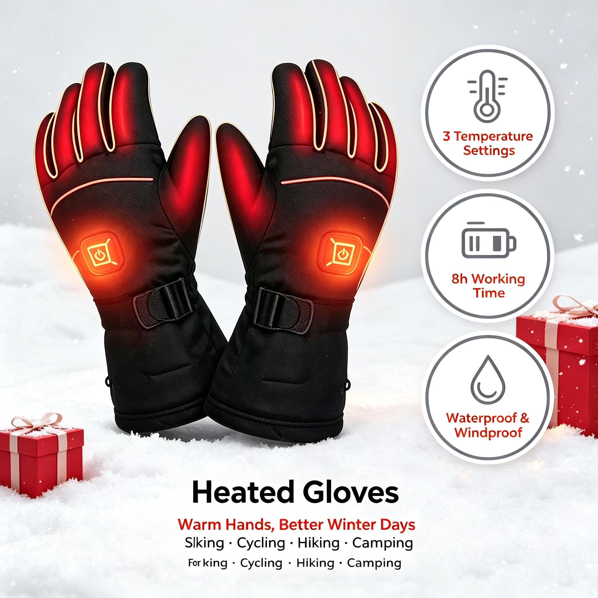 Unisex Rechargeable Heated Gloves, 3 Temperature Settings, Touchscreen Safe, Waterproof, for Skiing, Hiking/Cycling, Outdoor Activities, Winter Electric Warm Gloves, Ideal Winter Gift