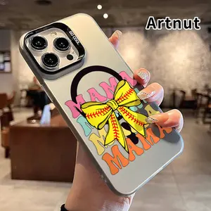 Magnetic Phone Case for iPhone 15 16 14 Pro Max 13 12 11 E Plus Softball Bow Mama Pattern Shockproof Anti-Scratch Durable PC Back Protective Cover Cellphone Protective