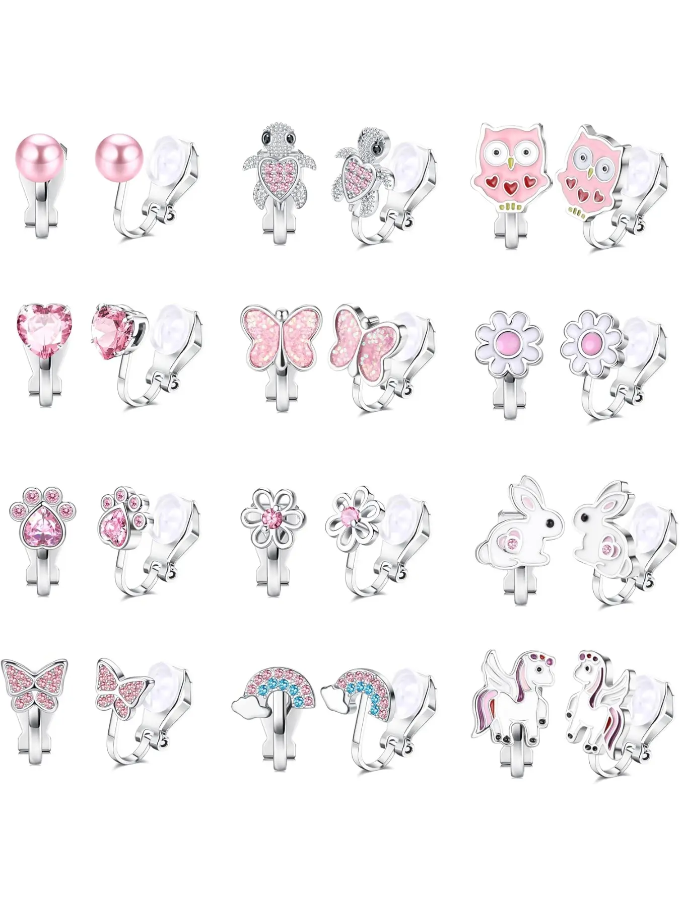 12 Pairs Kids Clip On Earrings for Girls Hypoallergenic Cute Butterfly Rainbow Flower Pearl Star Non Pierced Clip on Earring Girls Earrings Dress Up Birthday Christmas Gifts Jewelry Ear Accessories