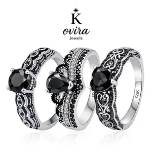Kovira S925 Sterling Silver Vintage Black Obsidian Fashion Rings for Women - Evil Eye/Heart/Crown Designed, Dark Feminine Protection Amulet, Elegant Statement Ring, Dark Romance Jewelry Gift, Elegant Ring