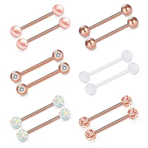 12-Piece Rose Gold Tongue Ring Set, Mixed-Style Piercing Barbells with Pearl, Solid, CZ, Glitter & Acrylic Ball Tops, Durable Piercing Jewelry for Everyday & Delicate Styling