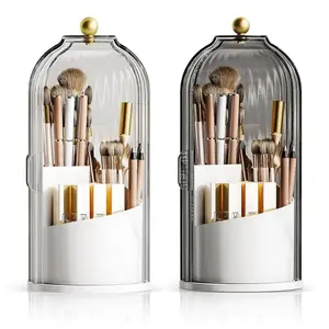 Makeup Brush Holder with Lid 360 Rotating Clear Dustproof Make Up Organizers for Vanity Bathroom Countertop, Transparent | with Lid, 360 Rotating, Dustproof