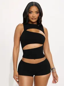 Women's Solid Color Hollow Out Sleeveless Waist-Cinching Top & Slim Fit Shorts Set, Womenswear, Outfit, Stylish Hollow Out Design, Perfect for Outings and Dates