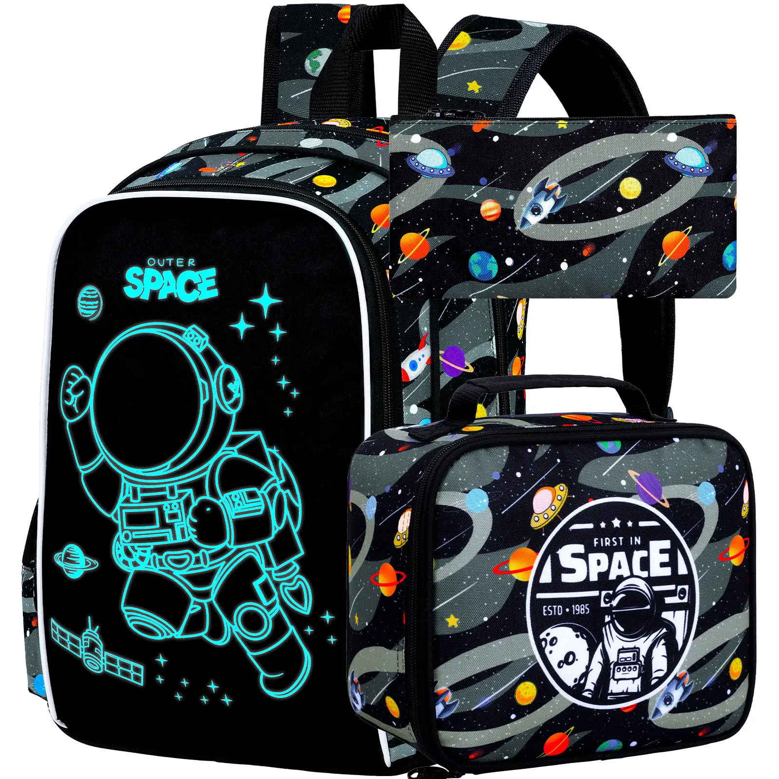 3Pcs Glow in The Dark Space Backpack for Boys, 17 Inches Astronaut School Bookbag Set for Teens, Laptop Backpacks with Lunch Bag(Black)