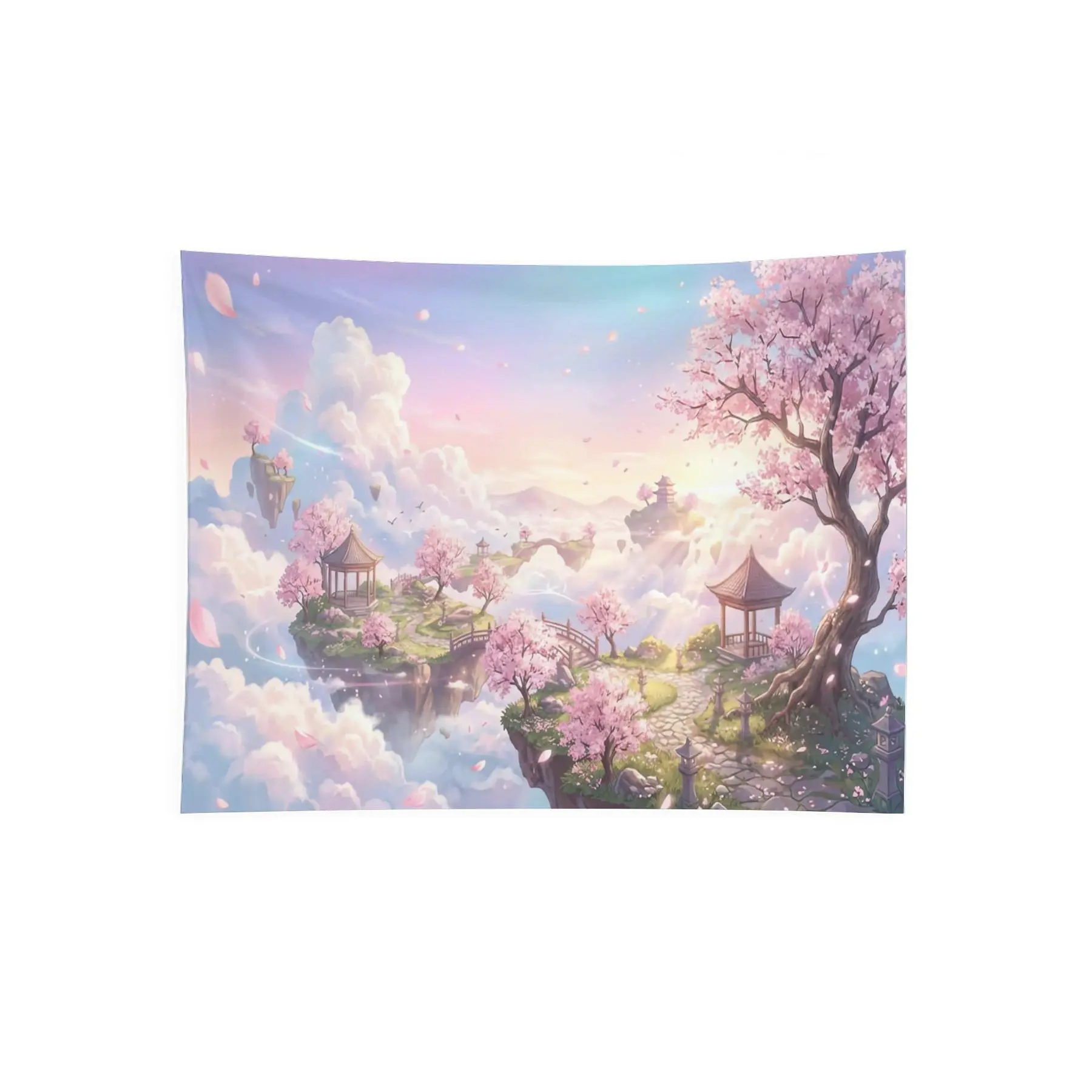 Dreamy Cherry Blossom Floating Island Wall Tapestry, Pastel Fantasy Landscape Bedroom Dorm Decor