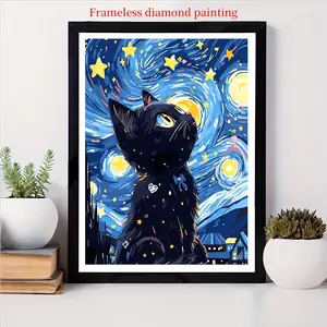 1pc Frameless 5D Diamond Painting Kit for Adults, Full Drill DIY Wall Mosaic Decor, Beginner-Friendly Holiday Gift, Cat Under Starry Night