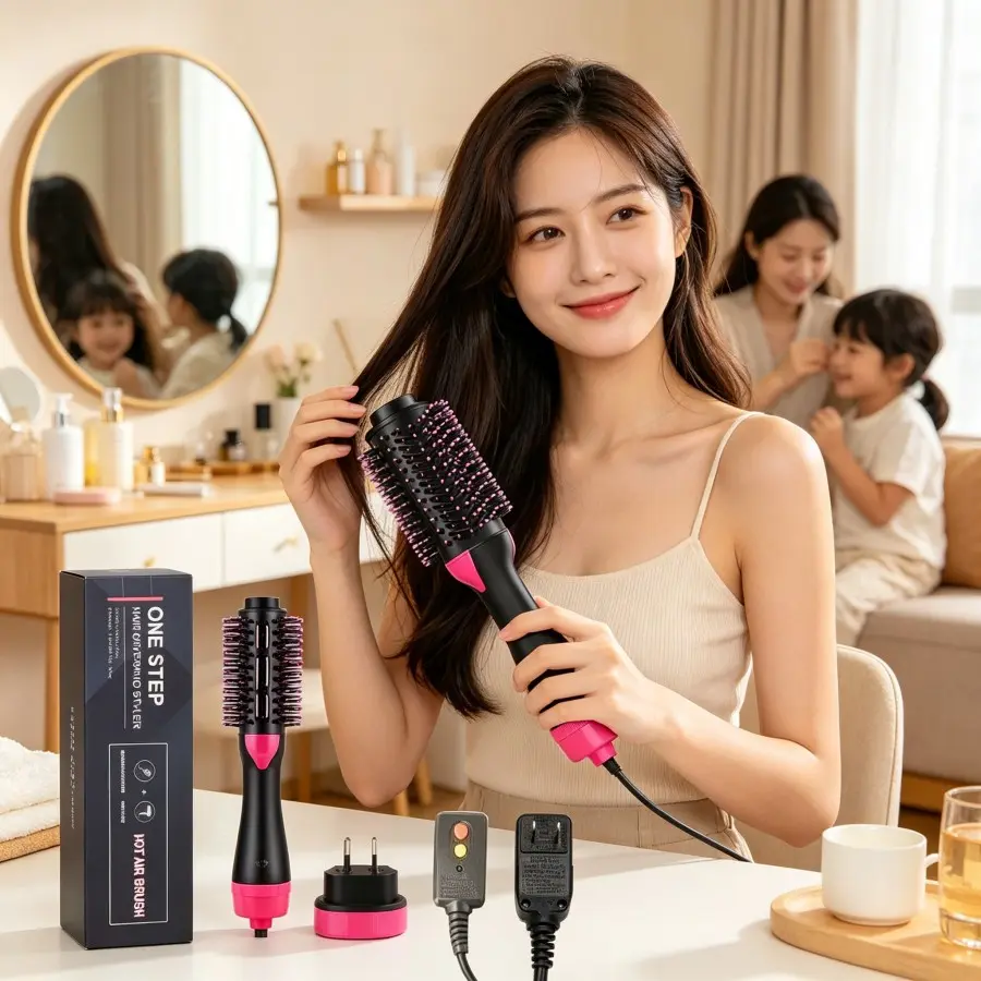 1 Pc 4-In-1 Multifunctional Hot Air Comb - Hair Dryer, Curler, Straightener & Volumizer for Puffy Hairstyling, Less Frizz, More Shine, Reduced Heat Damage for Salon-Style Blowouts (Black/Pink)