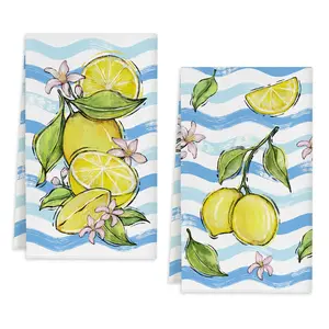 Summer Lemon Flowers Floral Kitchen Towels Set of 2, Spring Farmhouse Decorative Soft Hand Towels Absorbent Dish Towel,16x24 Inch